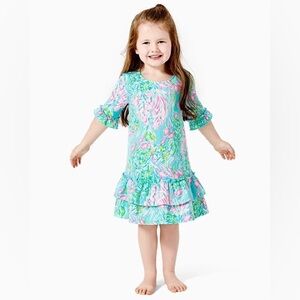 Lilly Pulitzer Girls Kailyn Dress Amalfi Blue Best Fishes Ruffle Dress Small 4/5
